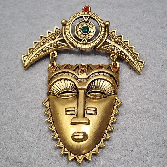 Vintage 1993 Avon Tribal African Aztec Egyptian Inspired Mask Brooch-Earring Set - Picture 6 of 11